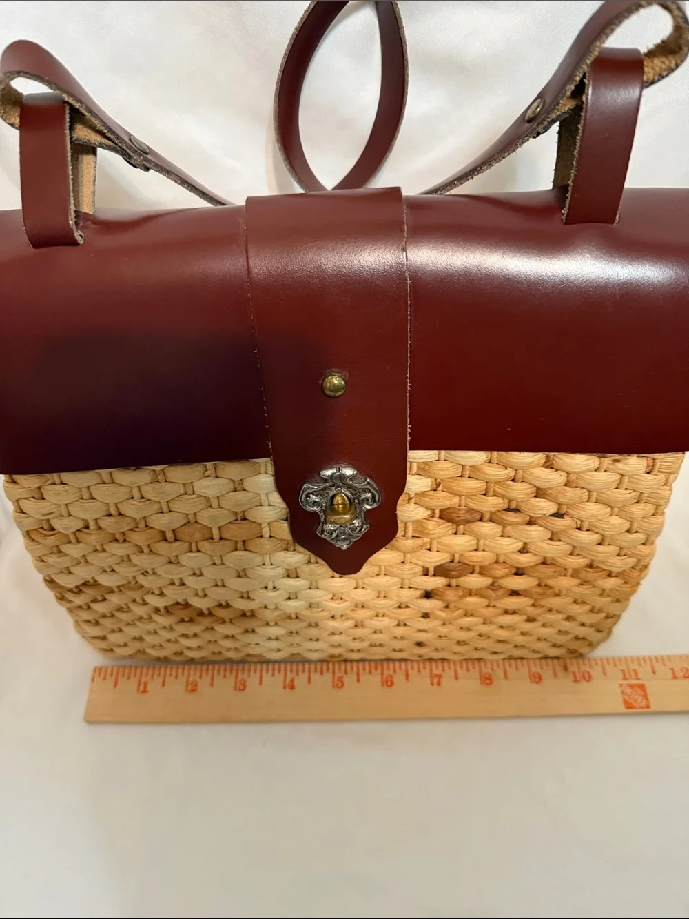 Woven Straw Tote with Brown Leather Top and Strap
